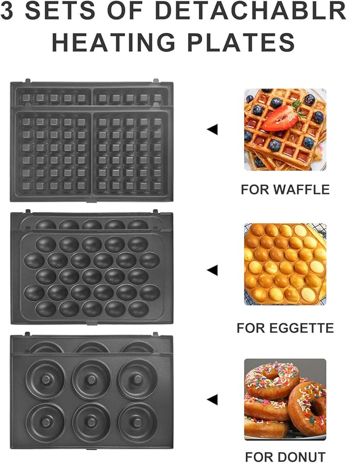 3 Interchangeable Baking Plates for Making Doughnut or Waffle Maker-Eggette and Much More
