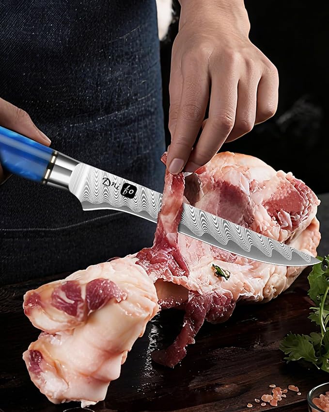 Damascus Boning Knife 6 Inch,VG10 Core Steel with 66-Layers High Carbon,Professional Boning Knives for Meat Poultry Chicken,Blue Resin & Wood Handle,Ideal Gift for Chefs and Cooking Lovers