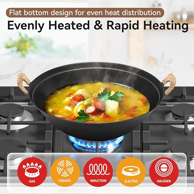WANGYUANJI 13.4 Inch Cast Iron Wok with Wooden Lid and Iron Spatula, Flat Bottom Double-Handle Chinese Stir Fry Pan, Uncoated Cast Iron Wok for Induction, Gas and Electric Stoves