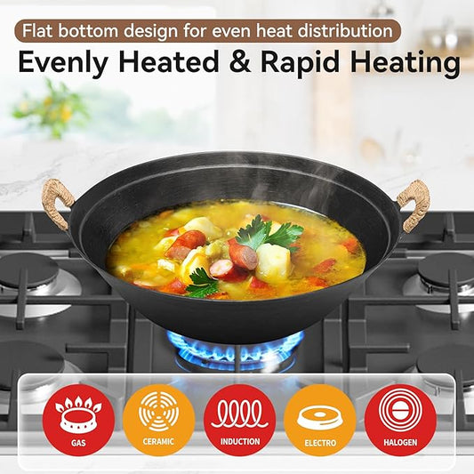 WANGYUANJI 13.4 Inch Cast Iron Wok with Wooden Lid and Iron Spatula, Flat Bottom Double-Handle Chinese Stir Fry Pan, Uncoated Cast Iron Wok for Induction, Gas and Electric Stoves