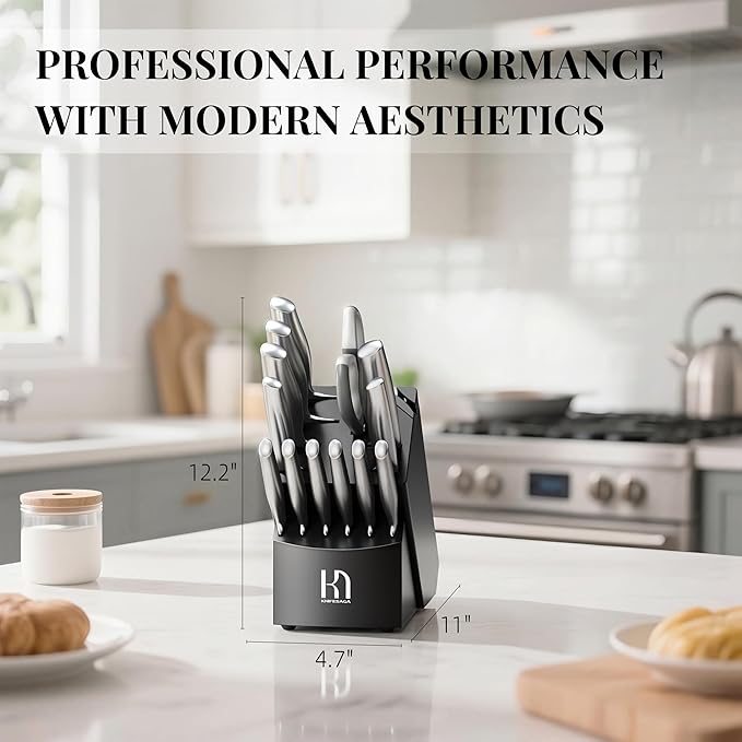 Knife Set Premium, Kitchen Knife Block Set 14 Pcs Japanese High Carbon Stainless Steel Enduring Razor Sharp, Black Chef Knives Set with Built-in Sharpener and Acacia Wood Block for Kitchen