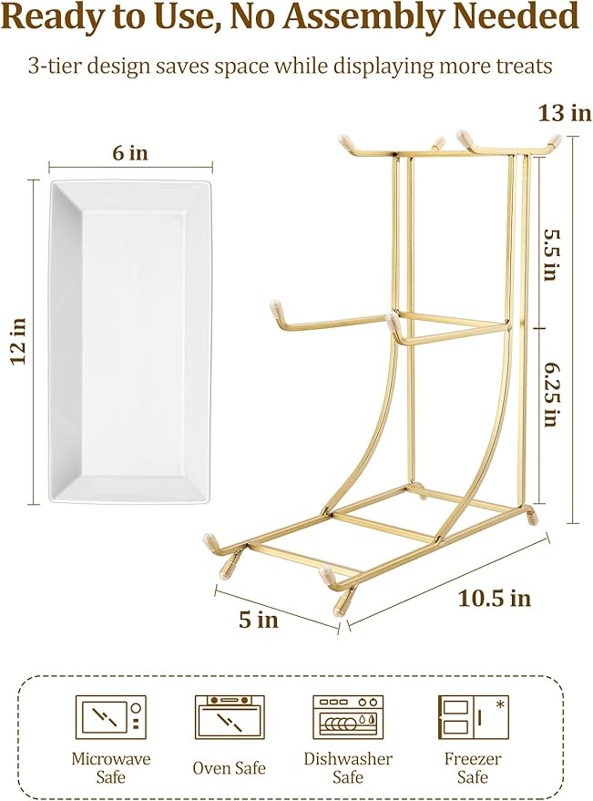 Yedio 3 Tier Serving Tray Set – 12 Inch Porcelain Serving Platters with Pre-Assembled Gold Metal Stand, No Installation Required, Tiered Tray for Dessert Fruit Food Display and Party Entertaining
