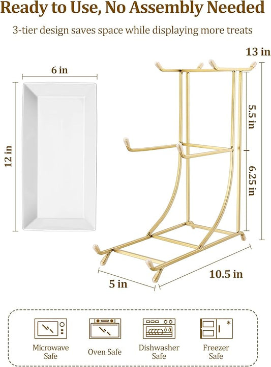 Yedio 3 Tier Serving Tray Set – 12 Inch Porcelain Serving Platters with Pre-Assembled Gold Metal Stand, No Installation Required, Tiered Tray for Dessert Fruit Food Display and Party Entertaining