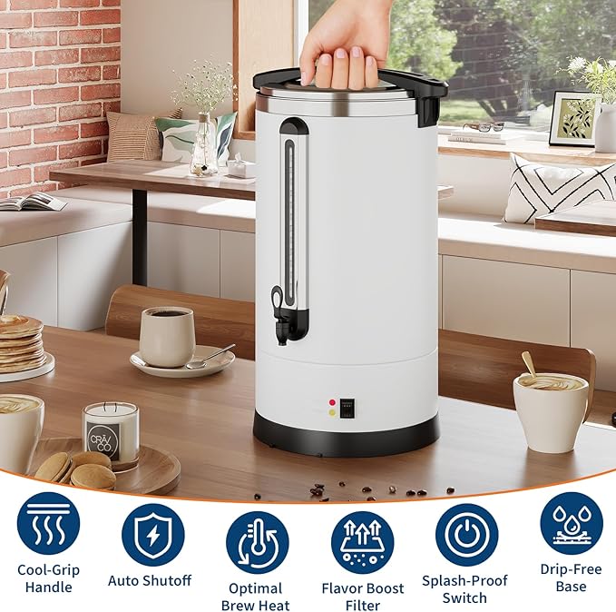 Garvee 14 L/100 Cups Coffee Urn-3.8 gal Double Wall Commerical Coffee Maker for Buffet Catering Wedding Gathering,Large Capacity Hot Coffee Dispenser,Stainless Steel Hot Water Urn-White