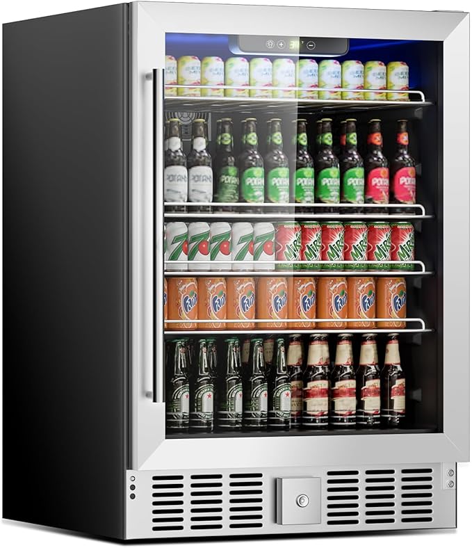 24 Inch Wine and Beverage Refrigerator, 182 Cans Built-in Cooler with Glass Door, Digital Temperature Control, LED Lighting, Adjustable Shelves, Freestanding Beer Fridge for Home, Bar, Office