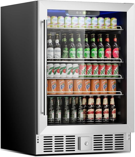 24 Inch Wine and Beverage Refrigerator, 182 Cans Built-in Cooler with Glass Door, Digital Temperature Control, LED Lighting, Adjustable Shelves, Freestanding Beer Fridge for Home, Bar, Office