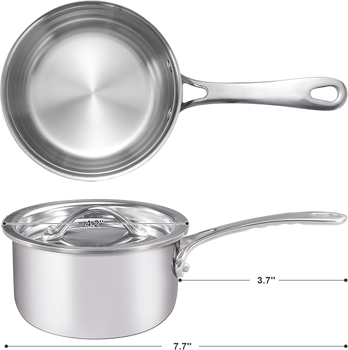 KC-Emier Mini Sauce Pan with Lid, Tri-Ply Stainless Steel Pot with Stay-Cool Handle & All Cooktop Compatibility (Gas, Ceramic, Electric) - Silver