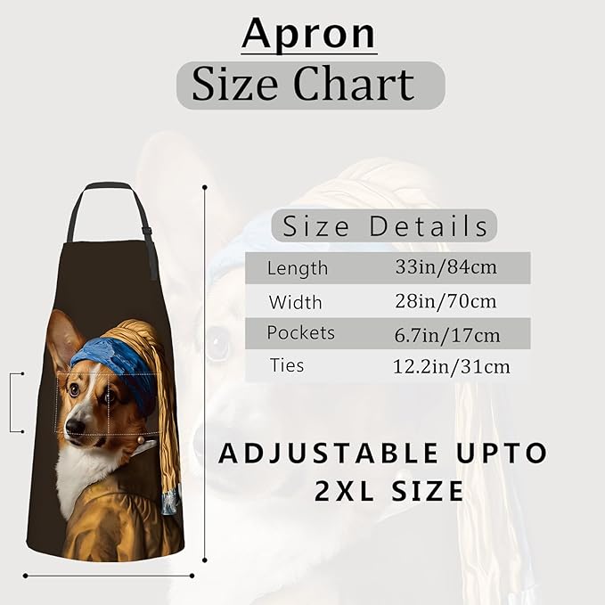 Corgi Apron Funny Classic Portrait Style with Dog in Vermeer Costume Aprons Waterproof Oxford Polyester Adjustable Pockets Design for Cooking Decor, Gifts for Adults, 28x33 Inch
