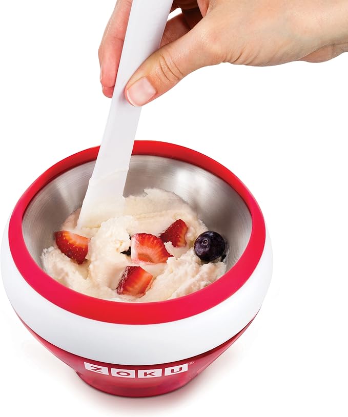 ZOKU Ice Cream Maker, Compact Make and Serve Bowl with Stainless Steel Freezer Core Creates Soft Serve, Frozen Yogurt, Ice Cream and More in Minutes, BPA-free, Red