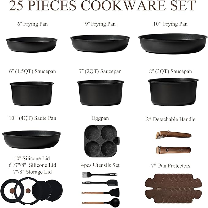 CAROTE 25pcs Pots and Pans Set Non Stick, Cookware Sets, Kitchen Set, Oven/Dishwasher/Fridge Safe, Space Saving Pots Set, Nonstick Set with Versatile Detachable Handle, Induction RV Set, Black