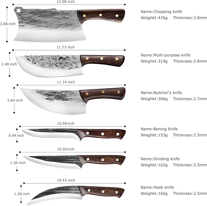 ZENG 7 Pieces Butcher Knife Set with Roll Bag, Chef Knife Set for Meat Cleaver Cutting & Viking Knives with Ergonomic Handles, Stainless Steel Hand Forged Kitchen Knife Set for Home, Cooking, Camping