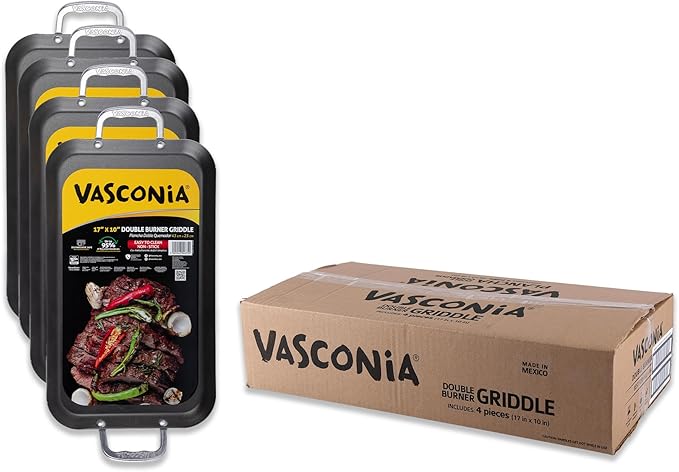 Vasconia 4 Pack Durable Double Burner Griddle (17″ x 10″) 100% Pure Aluminum with Nonstick - NSF Certified - for Frying, Searing, Grilling, Browning, Ideal for Home & Commercial Kitchen