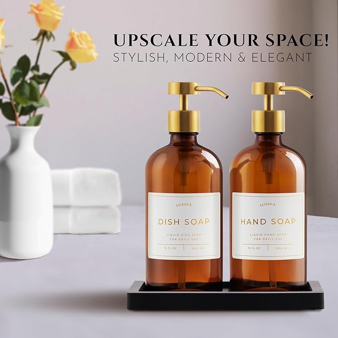 Lotion, Hand & Dish Soap Dispenser for Kitchen & Bathroom | Soap Dispenser Set of 2 16.8 Oz Glass Bottles with Stainless Steel Pump, 15 Water Proof Labels & Silicon Tray (Amber/Gold)