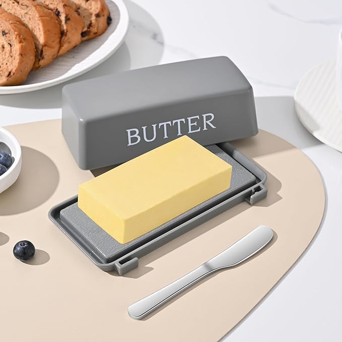 Butter Holder With Cover And Knife,Food Grade Plastic Butter Dishes With Lid And Spreader,Grey Cheese Storage Container For Countertop