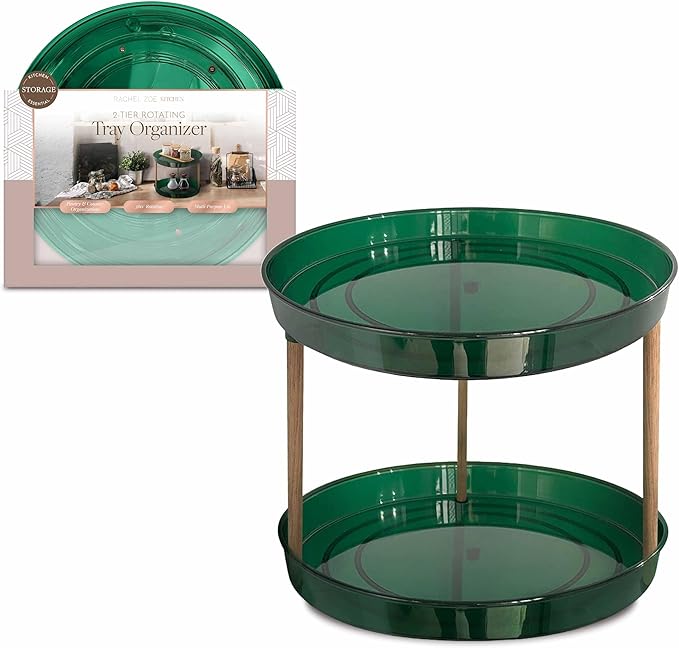 Rachel Zoe 2 Tier Lazy Susan Organizer, Wood Two Tier Lazy Susan Turntable, 360° Spin Tray Organizer, Pantry Spice Organizer for Kitchen, Rotating Bathroom Counter Organizer