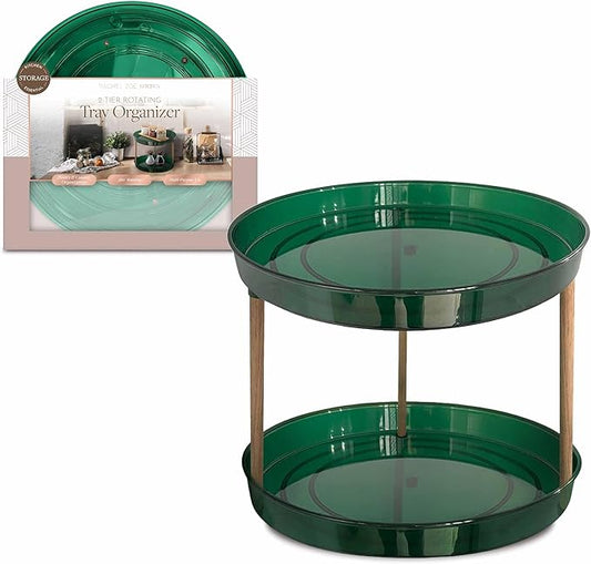 Rachel Zoe 2 Tier Lazy Susan Organizer, Wood Two Tier Lazy Susan Turntable, 360° Spin Tray Organizer, Pantry Spice Organizer for Kitchen, Rotating Bathroom Counter Organizer
