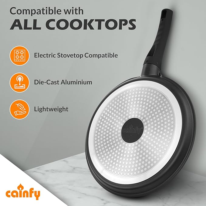 CAINFY Non Stick 11 Inch Granite Coated Crepe Pan - Lightweight 4.27 Quart Dosa Pan with Comfort Stay Cool Grip Handle - Induction Compatible PFOA Free Tortilla Cookware (Black)