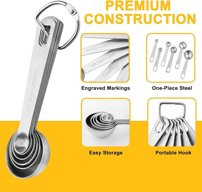 Stainless Steel Measuring Spoons Set, 6 Piece Metal Measuring Spoon Set for Dry & Liquid Ingredients, Heavy Duty 18/8 Steel with Engraved US & Metric Marks, Nesting Kitchen Spoons for Cooking Baking