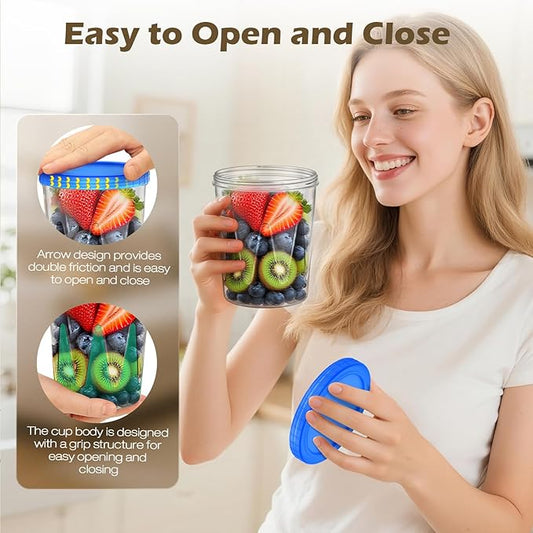 Reusable Freezer Storage Containers [UNIQUE INNOVATIVE DESIGN] 6 Pack-34 Oz Arrow Indicates Easy Opening and Closing of Lid Microwave and Dishwasher Safe,Soup Containers for Oats/Salad