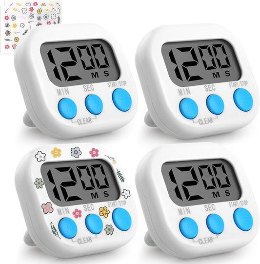 Kitchen Timers 4 Pack, Electronic Timers with Loud Alarm for Cooking, Magnetic Digital Timers Big LCD Display 4 White(No Battery Included)