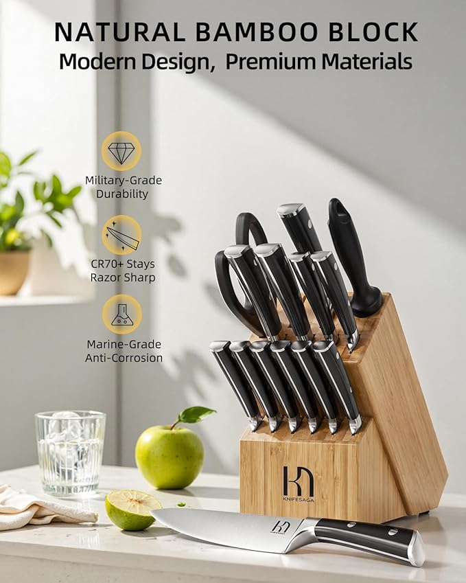 Knife Set, 15 Pcs Knife Block Set, Enduring Razor-Sharp Japanese High Carbon Stainless Steel Chef Knife Set with Block and Sharpener, Premium Knives Set for Kitchen, Natural Bamboo Block