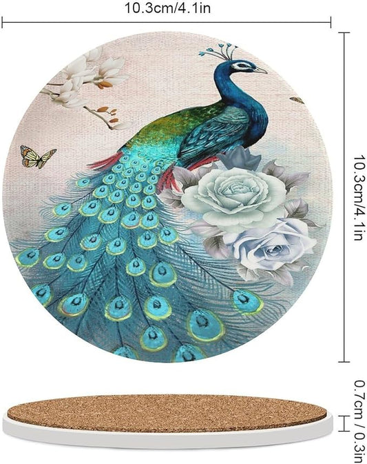 Round-4PCS Peacock Ceramic Coasters, Round Absorbent Drink Coasters, Vintage Tree Branch Beautiful Teal Peacock Floral Ceramic Table Coasters for Coffee, Beverage, Wine, Beer Coasters