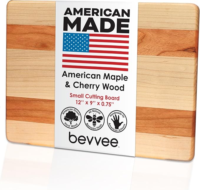 Maple and Cherry Wood Cutting Board - American Made in USA - Unique Kitchen Gifts - Small 9 x 12 inch