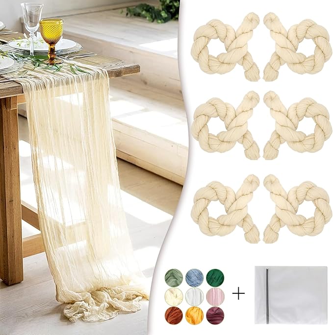 Beige Cheesecloth Table Runner 6 Pack 35" Boho Gauze Runner 120 inches Long Runner Rustic Sheer Fabric Bulk for Baby Shower Wedding Bridal Shower Birthday Thanksgiving Decorations