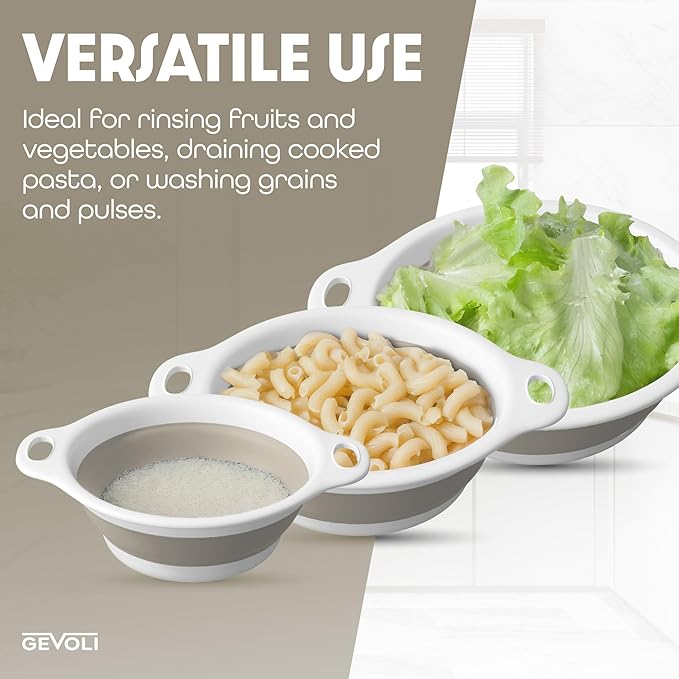 Collapsible Colanders (3 Pack Set) Food Strainers with Over-Sink Water Draining Base for Pasta Fruits and Vegetables, White/Beige (3 Sizes, 3QT, 4QT and 5 Quart)