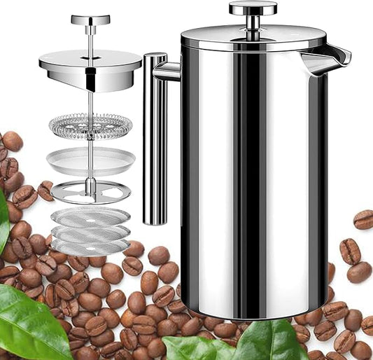 WORBIC Large French Press Coffee Maker 50oz (1.5L), 304 Stainless Steel Double Wall Insulated Tea Press for Camping, Backpacking, Party, Travel, Gift Set, Dishwasher Safe (Silver, 6-8 Cups)