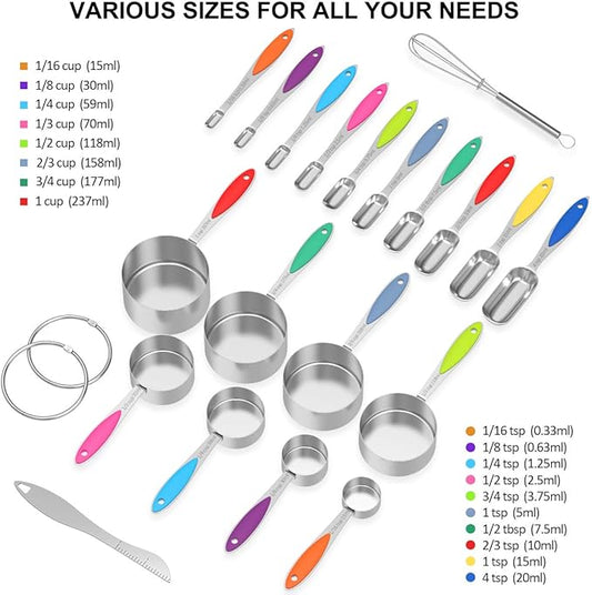 Measuring Cups and Spoons - Wildone Stainless Steel 20 Piece Stackable Set, Includes 8 Measuring Cups, 10 Measuring Spoons, 1 Leveler & 1 Whisk, for Dry and Liquid Ingredient