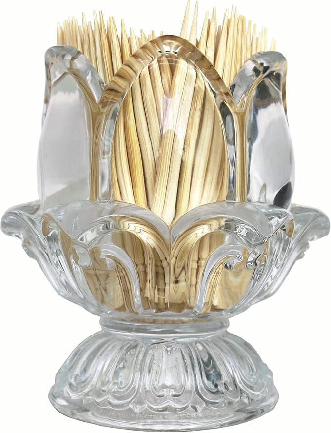 HillSpring Toothpick Holder, Decorative Crystal Glass Toothpick Dispenser with 450 Bamboo Toothpicks