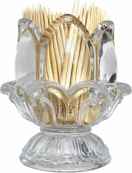 HillSpring Toothpick Holder, Decorative Crystal Glass Toothpick Dispenser with 450 Bamboo Toothpicks