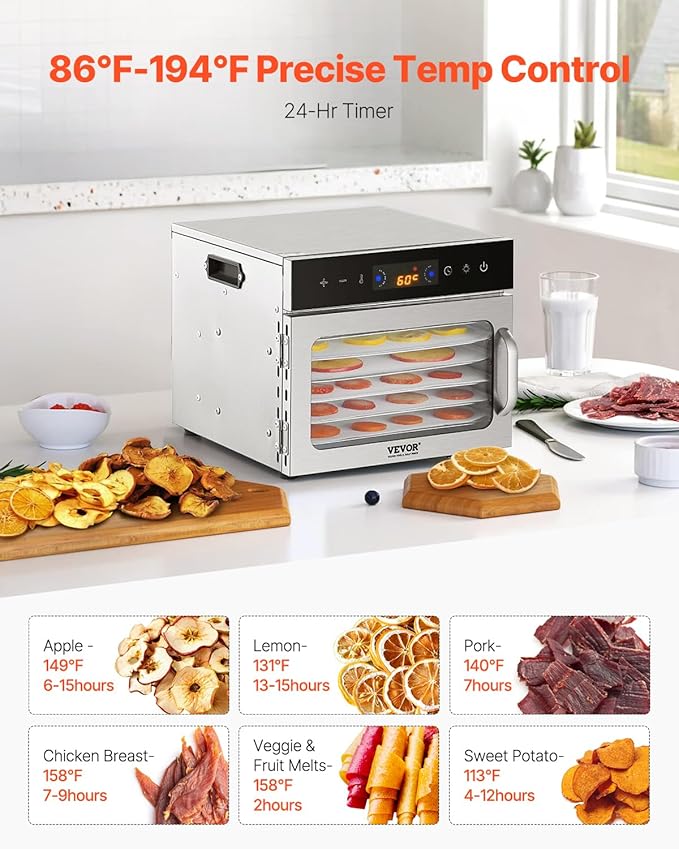 VEVOR Food Dehydrator Machine, 6 Stainless Steel Trays, 400W Electric Food Dryer with Adjustable Temperature & 24-Hour Timer, Food Dryer for Jerky, Meat, Fruit, Vegetables, Herbs, Dog Treats