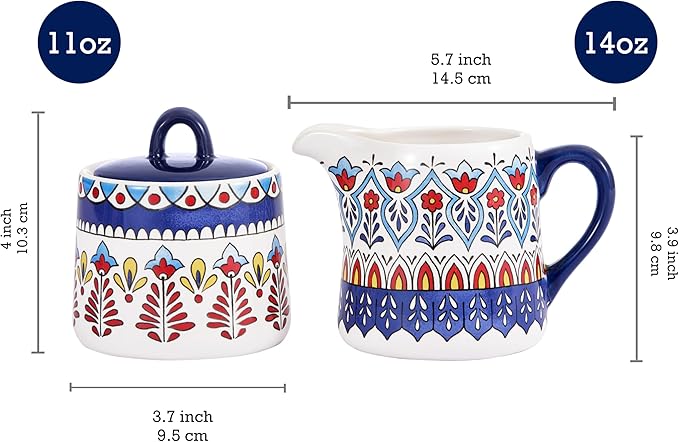 Bico Boho Totem Ceramic Sugar and Creamer Set, Sugar Bowl with Lid, Cute Container for Coffee Bar, Kitchen Countertop Accessories, Microwave and Dishwasher Safe