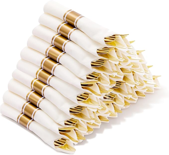 400PCS Pre Rolled Gold Plastic Silverware Sets, Heavy Duty Gold Cutlery, Include 100 Pack Wrapped Disposable Utensils with Napkins for Parties and Weddings