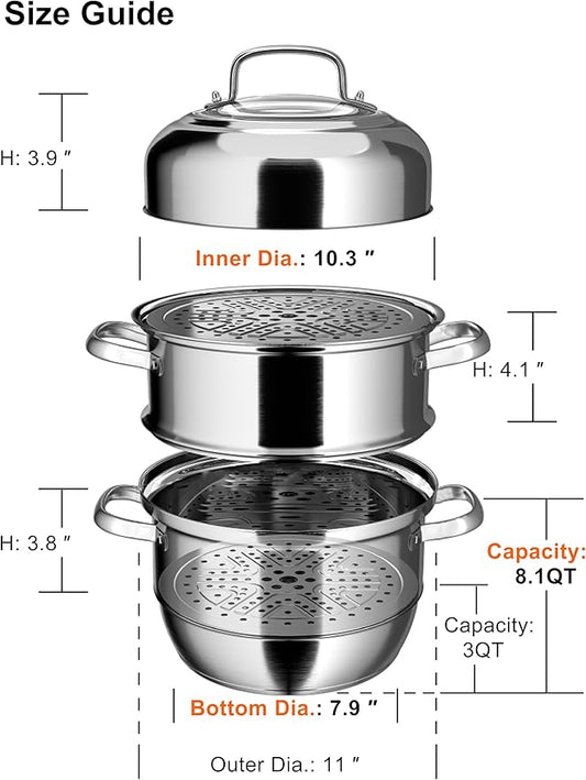 VENTION 3 tier Steamer Pot Stainless Steel 28cm, Induction Steamer for Cooking, 11 Inch Steam Pot for Dumpling