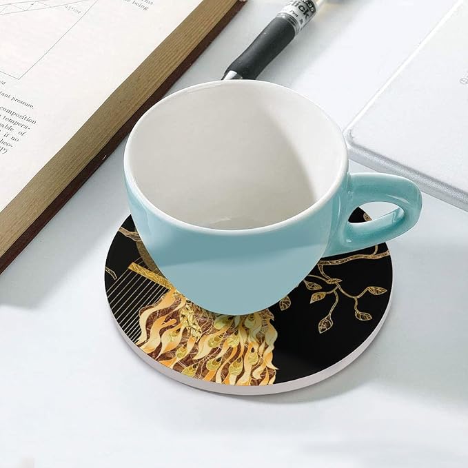 Round-6PCS Peacock Ceramic Coasters, Round Absorbent Drink Coasters, Vintage Tree Branch Beautiful Gold Peacock Ceramic Table Coasters for Coffee, Beverage, Wine, Beer Coasters