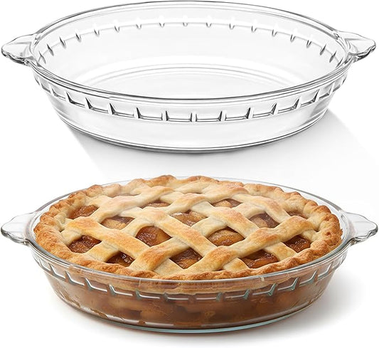 Uiifan 2 Packs 9 Inches Mini Glass Pie Pan for Baking Clear Pie Plate with Handles Round Glass Dish for Baking and Serving, Snacks, Salads, Desserts