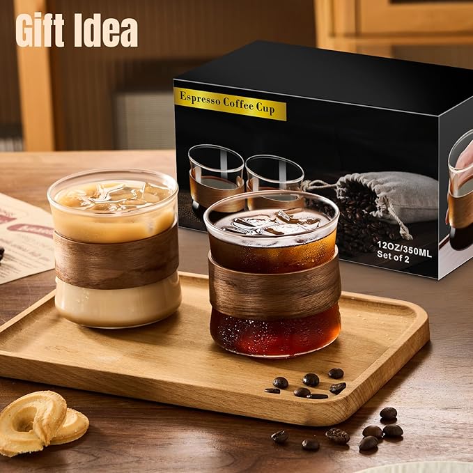 PARACITY Espresso Cups Set of 2 with Wooden Ring, 12 OZ High Borosilicate Espresso Shot Glass, Clear Small Expresso Shots Cup, Espresso Accessories