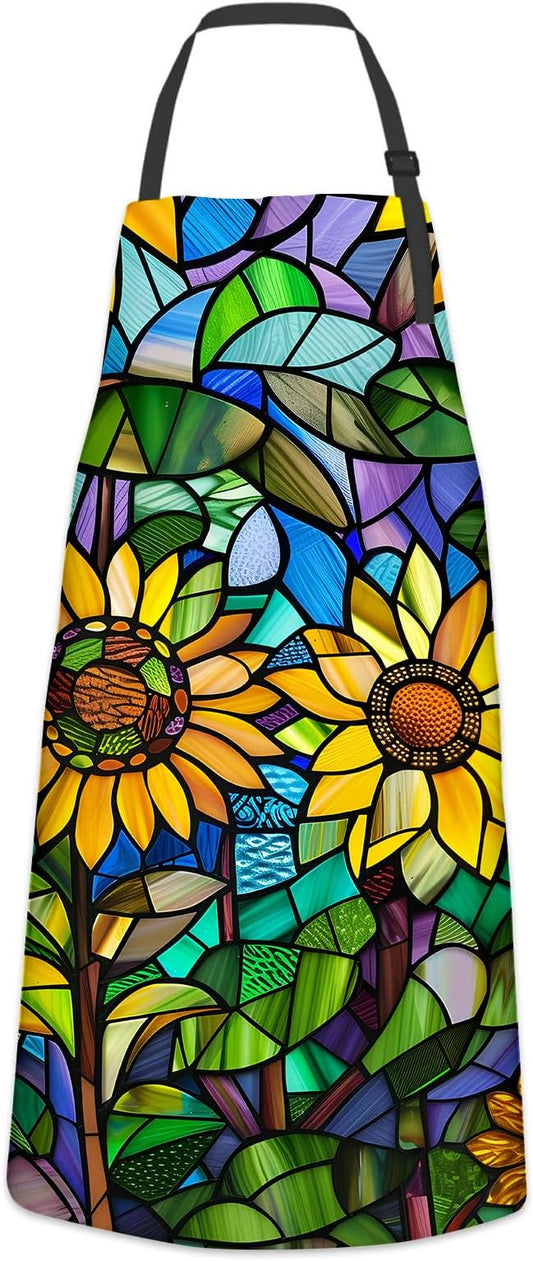 Stained Glass Sunflower Apron for Women Men, Cooking BBQ Chef Polyester Lightweight Floral Mosaic Design Aprons with Pockets for Baking Kitchen Gardening Cleaning, Adjustable, 28×33inch