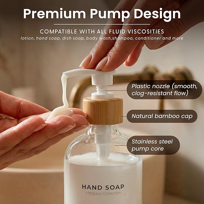 MaisoNovo Glass Dish Soap Dispenser for Kitchen Set of 2-16.9oz Clear Dish and Hand Soap Dispenser Set for Kitchen - Clear Glass Bottles x 2 with White Bamboo Pumps & Tray