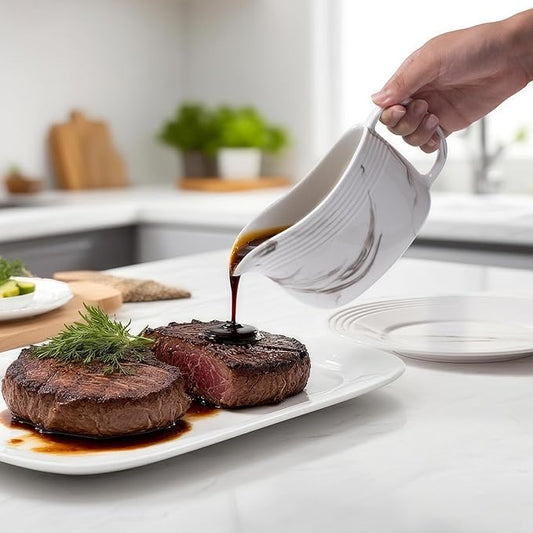 Gravy Boat with Saucer, Large Ceramic Sauce Boat with Tray for Salad Dressings, Creamer, Black Pepper, Gravy Bowl Sauce Pourer Perfect for Kitchen Accessories