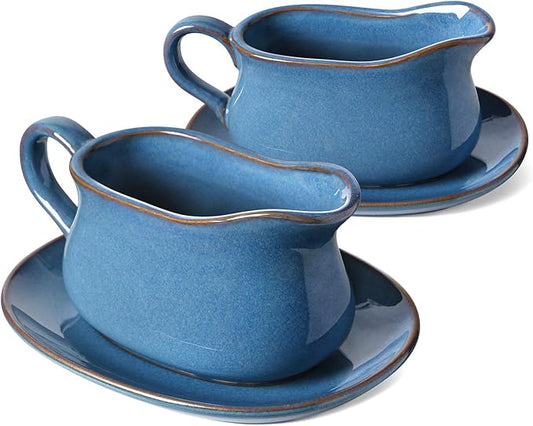 LE TAUCI 17oz Gravy Boat with Saucer Stand, Set of 2, Ceramic Sauce Boat with Tray for Salad Dressings, Creamer, Broth, Black Pepper, Ceylon Blue