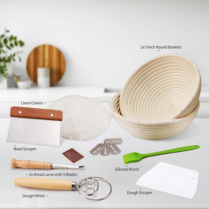 Banneton Bread Proofing Basket Banneton Basket Set Sourdough Proofing Basket Round Proofing Bowls Handmade Rattan Baskets and Liners (Round of 2 Gift Set)