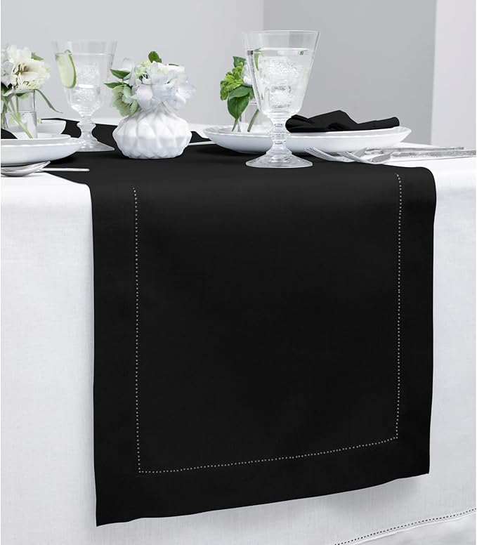 Solino Home Linen Black Table Runner 36 Inches - Classic Hemstitch, 100% Pure Linen Coffee Table Runner 14 x 36 Inch Ideal for Dresser Tables - Winter, Spring, Easter