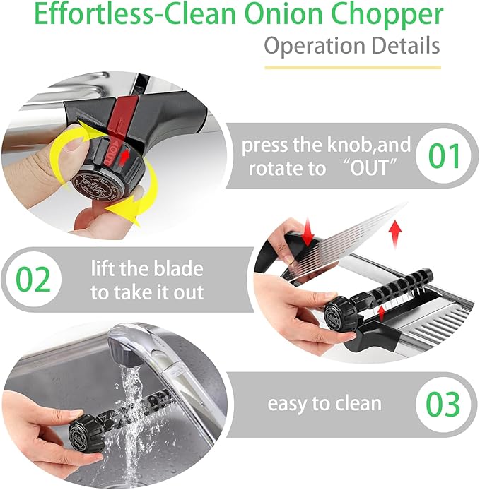 Stainless Steel Mandoline Slicer & Onion Chopper - French Fry Cutter with Safety Pusher | No-Cut Glove & Click-Lock | Adjustable 3-9mm Slices/4.5-9mm Shreds