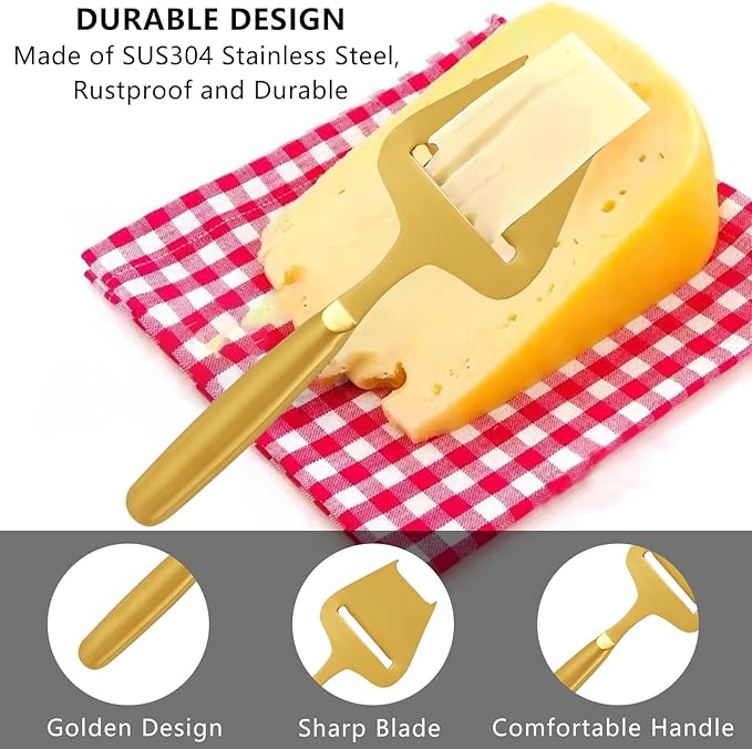 Golden Stainless Steel Cheese Slicer and Cutter for Block and Semi-Hard Cheese, Handheld Plane Knife, Cortador de Queso, Gold