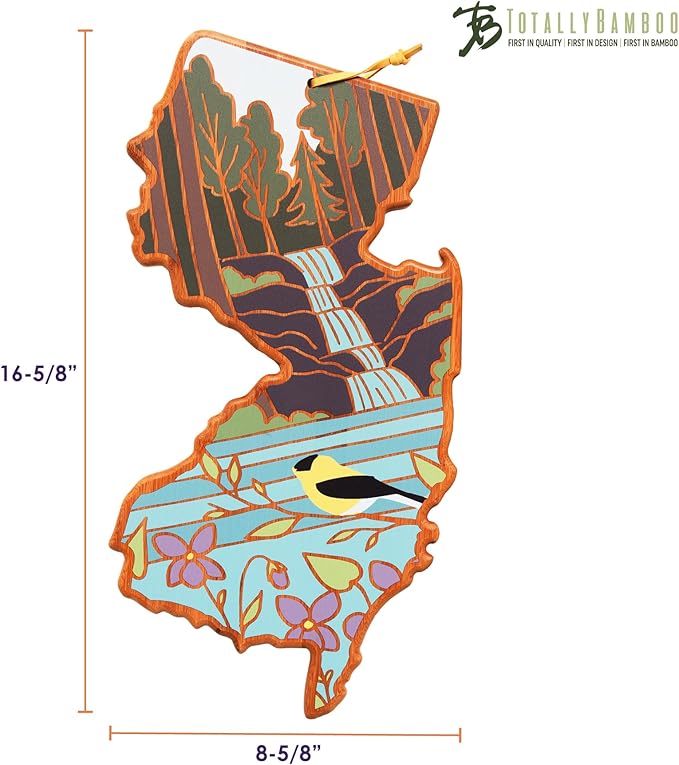 Totally Bamboo New Jersey State Shaped Cutting Board and Charcuterie Serving Platter with Artwork by Summer Stokes, Includes Hang Tie for Wall Display