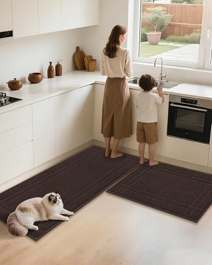 JSEI Kitchen Mats for Floor, Non-Slip Kitchen Rugs, Soft Washable Absorbent Kitchen Mats 2 PCS, Kitchen Runner Rug with TPR Backing, Polyester, 24"x36"+24"x60", Brown